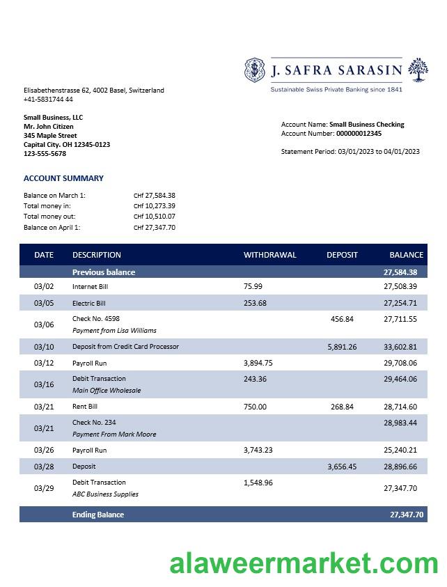 J. Safra Sarasin Bank business statement Word and PDF template